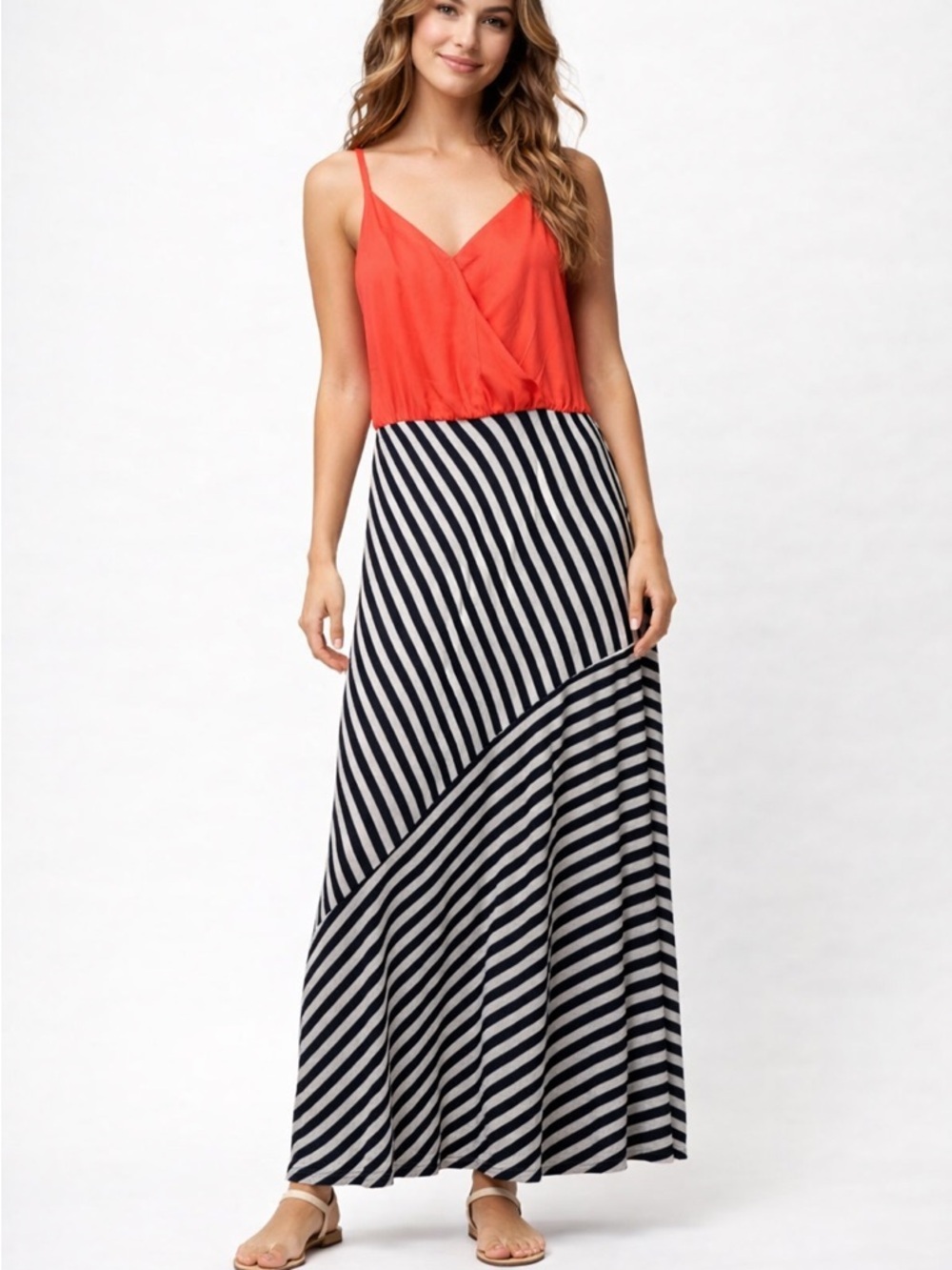 Neon Coral & Navy Stripe Maxi Dress Size Small Sundress